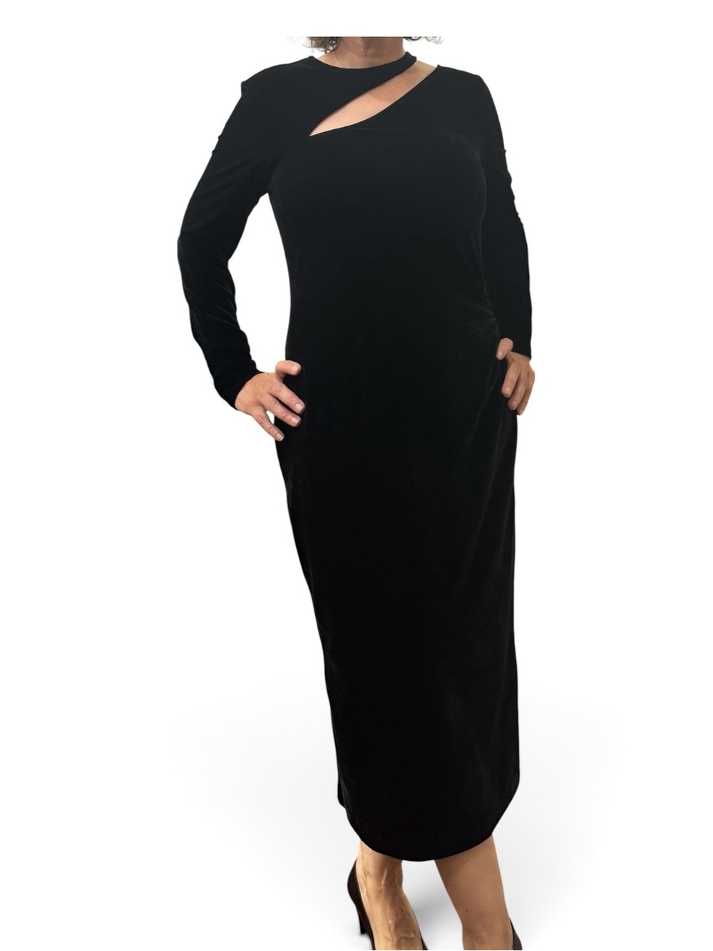 Reiss Black Long Sleeve Cutout Midi Dress with Asymmetric Neckline